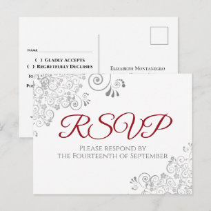 Silver Frills Simple Elegant Red Wedding RSVP Postcard