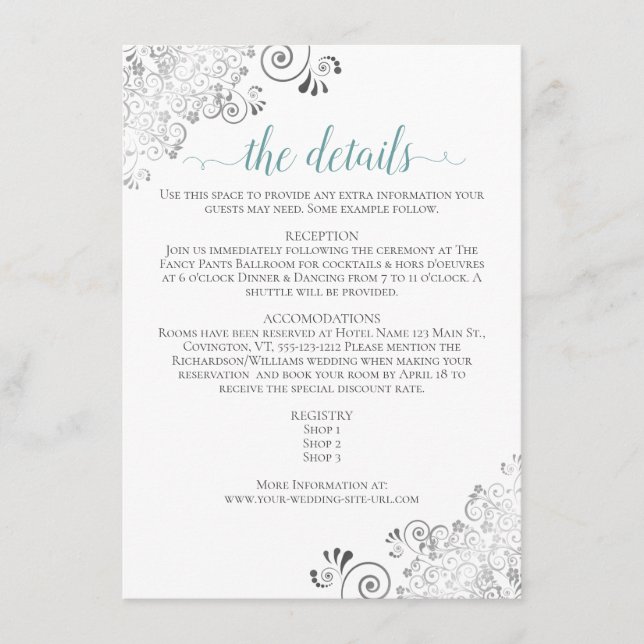 Silver Frills Teal on White Wedding Details Enclosure Card (Front)