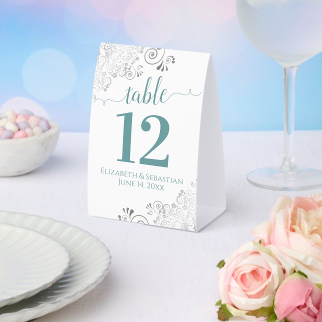 Silver Frills Teal on White Wedding Table Number (Insitu(Wedding))