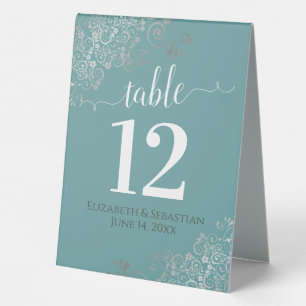 Silver Frills Teal Turquoise Wedding Table Number