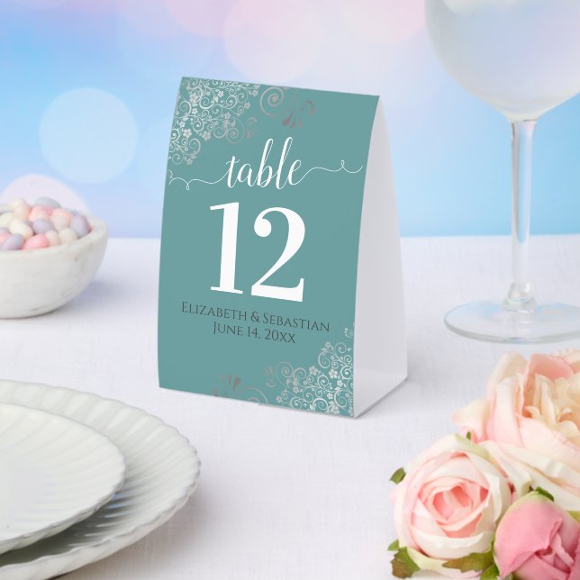 Silver Frills Teal Turquoise Wedding Table Number (Insitu(Wedding))
