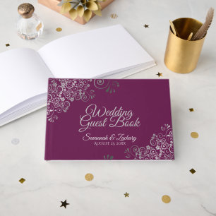 Silver Frilly Filigree Elegant Cassis Wedding Guest Book