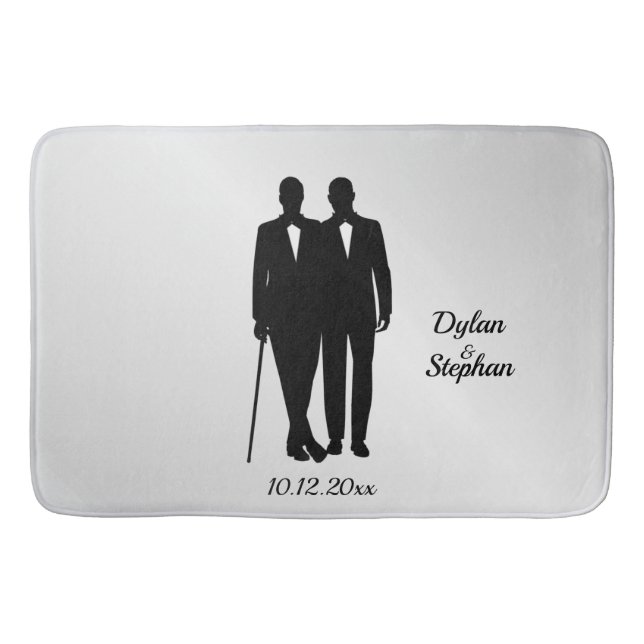 Silver Gay Wedding Grooms with Names and Date  Bath Mat (Front)