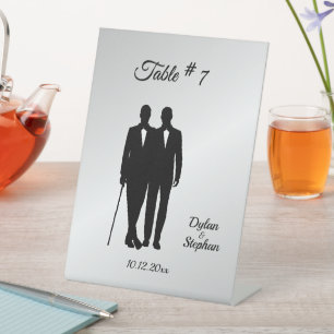 Silver Gay Wedding Grooms with Names and Date Pedestal Sign