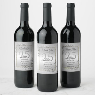 Silver Gem & Glitter 25th Birthday Party Wine Label