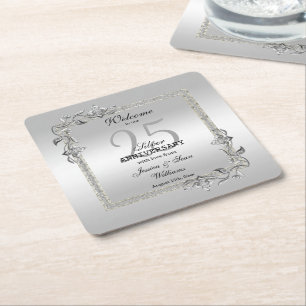 Silver Gem & Glitter 25th Wedding Anniversary Square Paper Coaster
