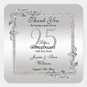Silver Gem & Glitter 25th Wedding Anniversary Square Sticker