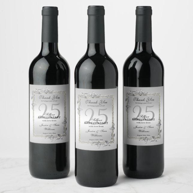 Silver Gem & Glitter 25th Wedding Anniversary Wine Label (Bottles)