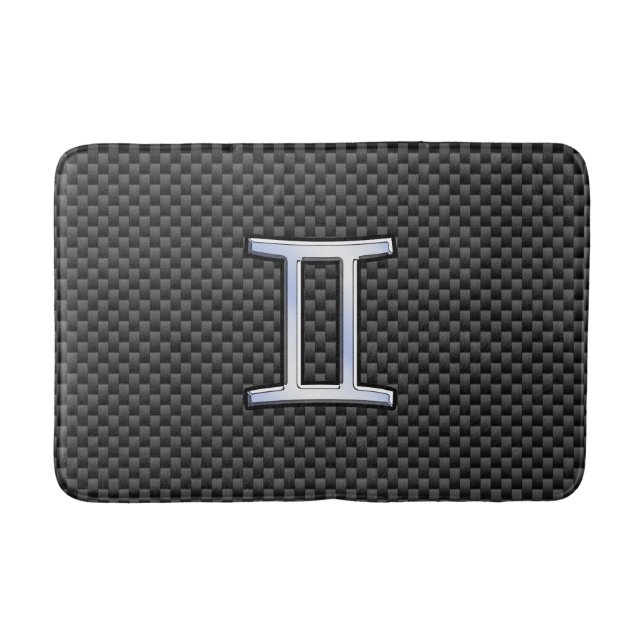 Silver Gemini Sign on Charcoal Carbon Fibre Print Bath Mat (Front)