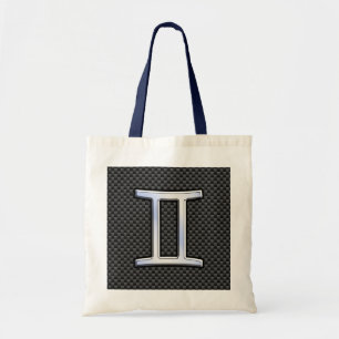 Silver Gemini Sign on Charcoal Carbon Fibre Print Tote Bag