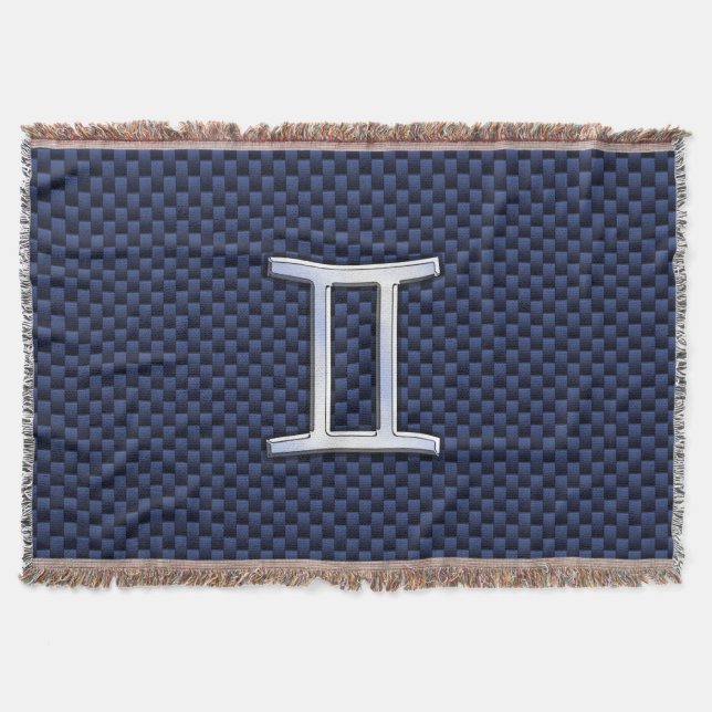 Silver Gemini Zodiac Sign Blue Carbon Fibre Print Throw Blanket (Front)