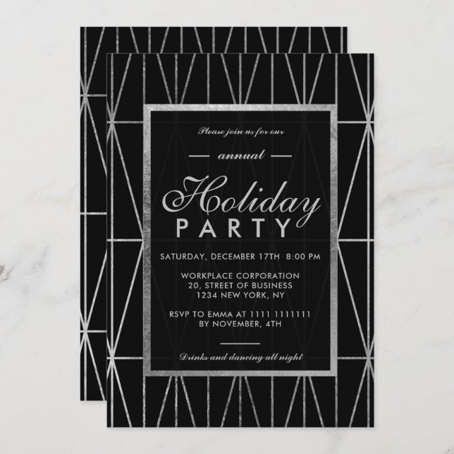 Silver geometric black winter corporate holiday invitation (Front/Back)