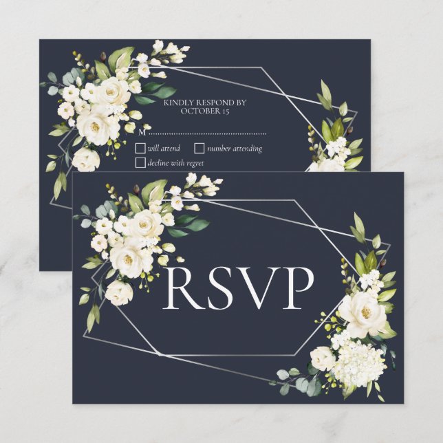Silver Geometric Blue White Floral RSVP Card (Front/Back)