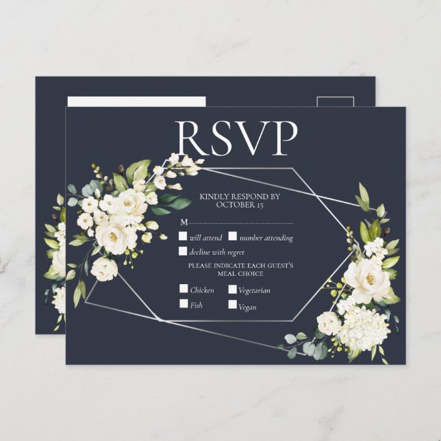 Silver Geometric Blue White Floral RSVP Invitation Postcard (Front/Back)