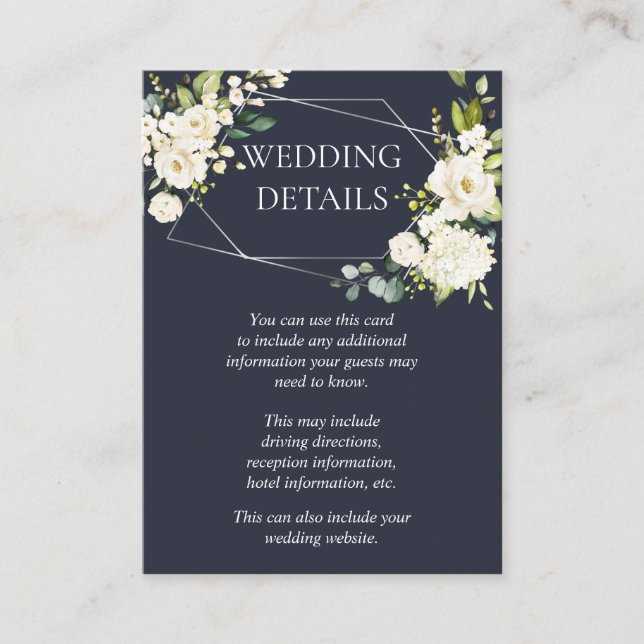 Silver Geometric Blue White Floral Wedding Details Enclosure Card (Front)
