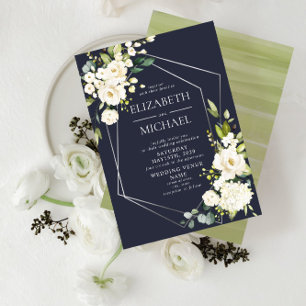 Silver Geometric Blue White Floral Wedding Invitation