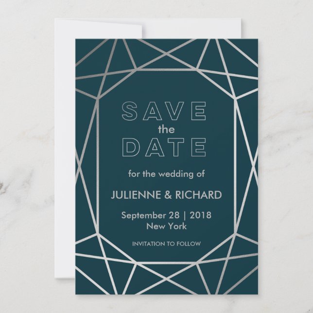 Silver Geometric Diamond Wedding Save the Date (Front)