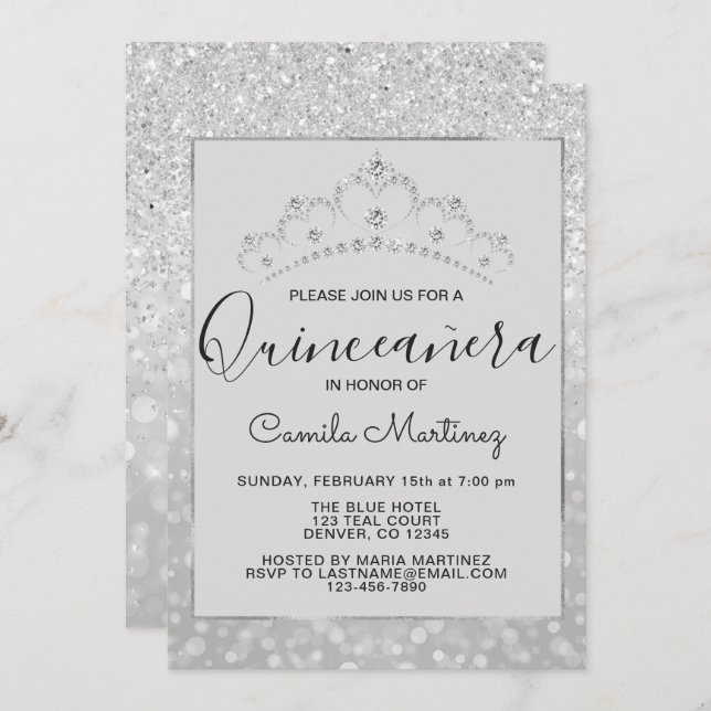 Silver Girly Glitter Sparkle Quinceanera Invitation (Front/Back)