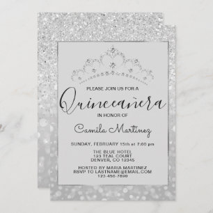 Silver Girly Glitter Sparkle Quinceanera Invitation