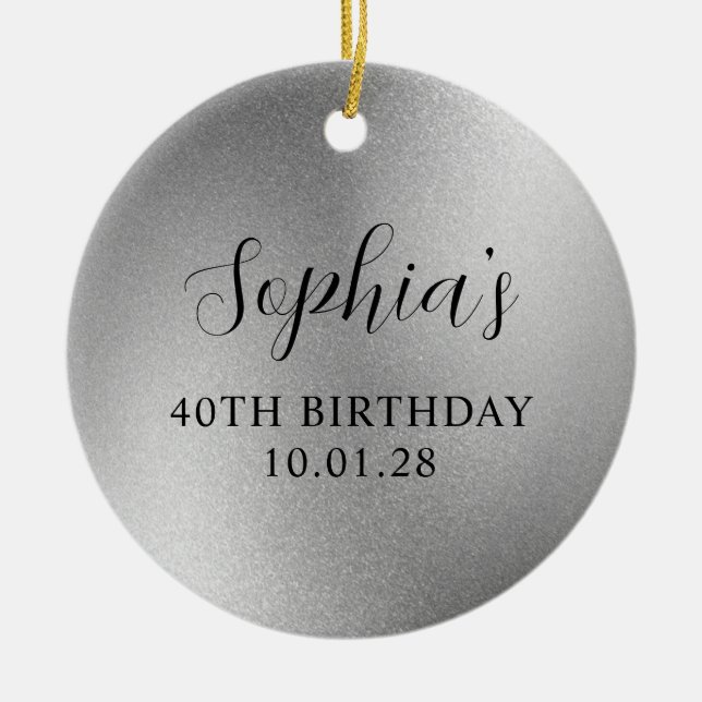 Silver Glam Foil 40th Birthday Photo Ceramic Ornament (Front)