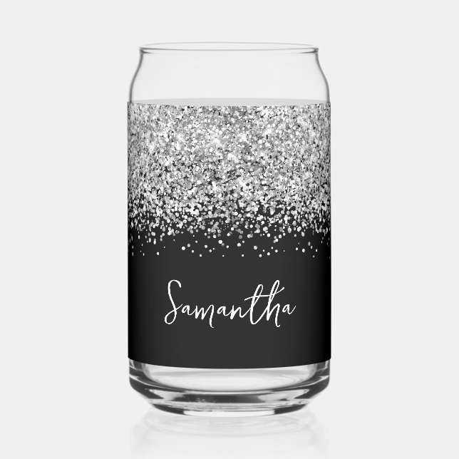 Silver Glam Glitter on Black Can Glass (Front)