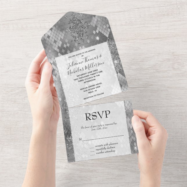 Silver Glam Glitter Snake Skin All In One Invitation (Tearaway)