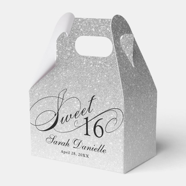 Silver Glam Glitter Sweet 16 Custom Party Favour Box (Front Side)