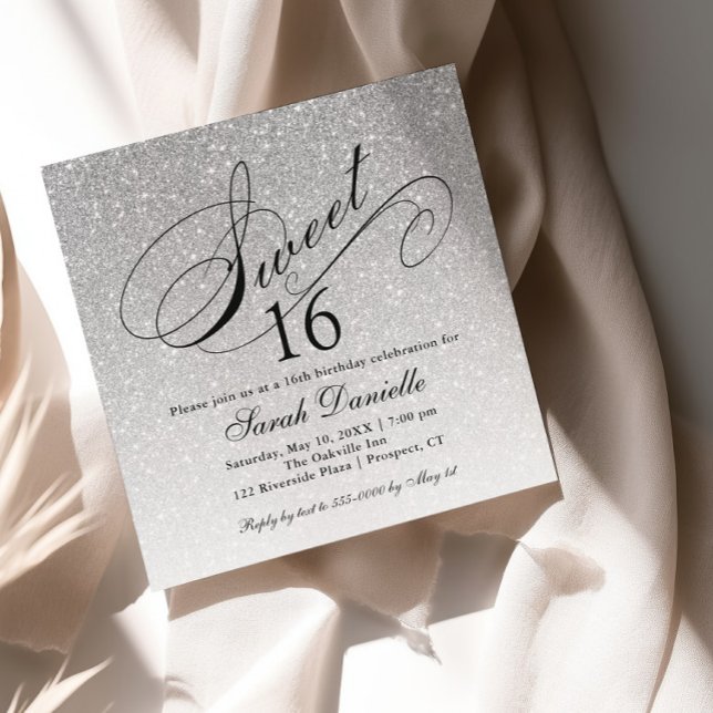 Silver Glam Glitter Sweet 16 Square Invitation (Creator Uploaded)
