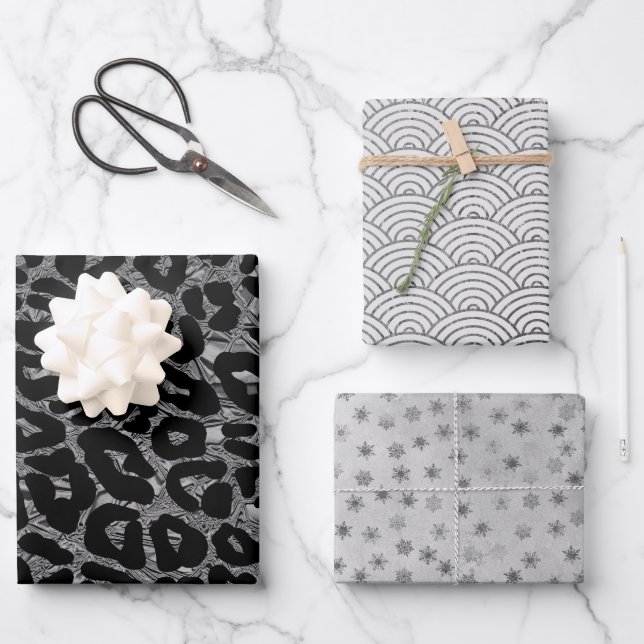 Silver Glam Leopard Snowflake Rainbows Wrapping Paper Sheet (Front)