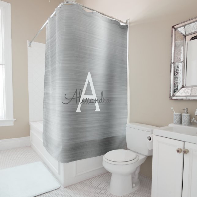 Silver Glam Metallic Modern Monogram Shower Curtain (In Situ)