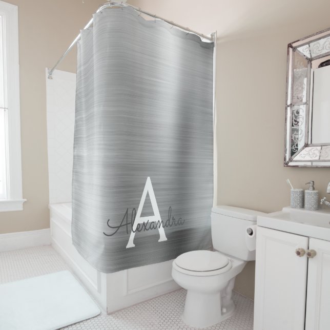Silver Glam Metallic Monogram Shower Curtain (In Situ)