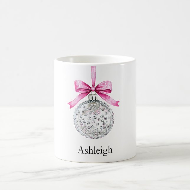 Silver Glam Ornament with Pink Bow Christmas Coffee Mug (Center)