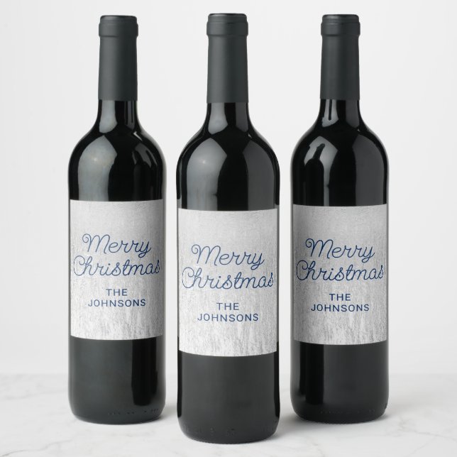 Silver Glam Texture Navy Blue Merry Christmas Wine Label (Bottles)