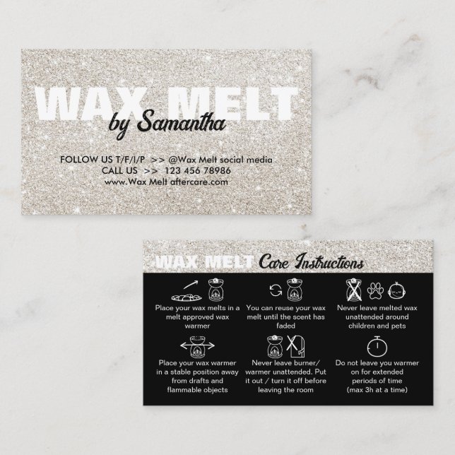Silver Glam Wax Melt Care Instructions Business Card (Front/Back)