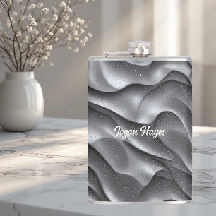 Silver Glamour Luxury Bling Metallic Waves Glitter Hip Flask