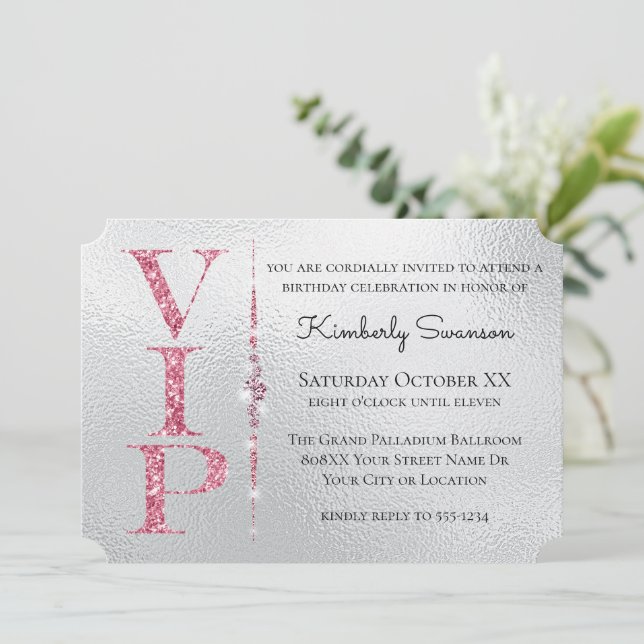 Silver Glamourous Diamonds Pink Glitter VIP Party Invitation (Standing Front)