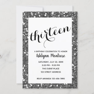 Silver Glitter 13th Birthday Invitation