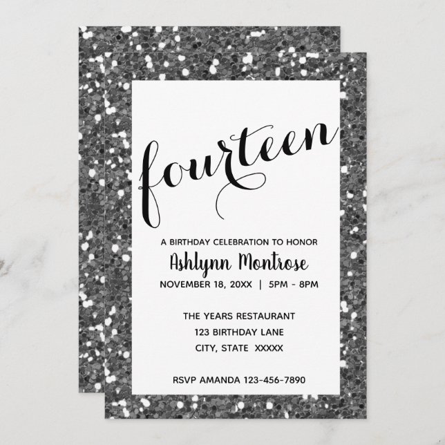 Silver Glitter 14th Birthday Invitation (Front/Back)