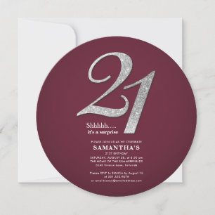 Silver Glitter 21st Birthday Burgundy Invitation