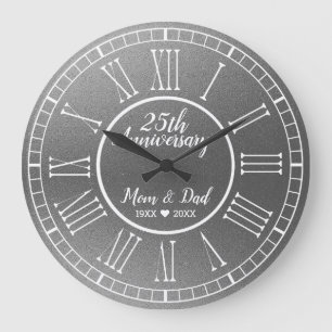 Silver Glitter 25th Wedding Anniversary  Large Clock