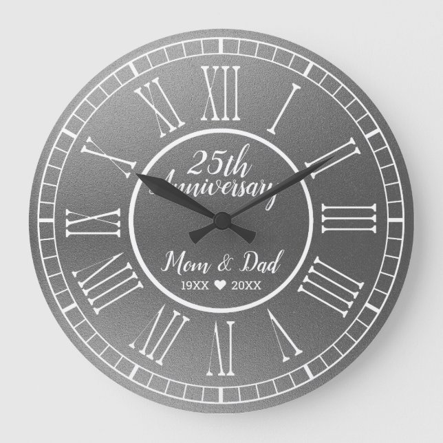 Silver Glitter 25th Wedding Anniversary  Large Clock (Front)