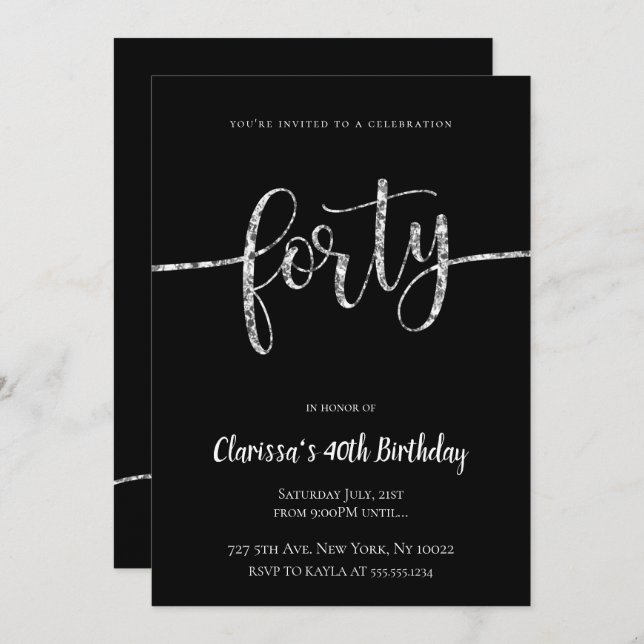 Silver Glitter 40th Birthday Invitations (Front/Back)