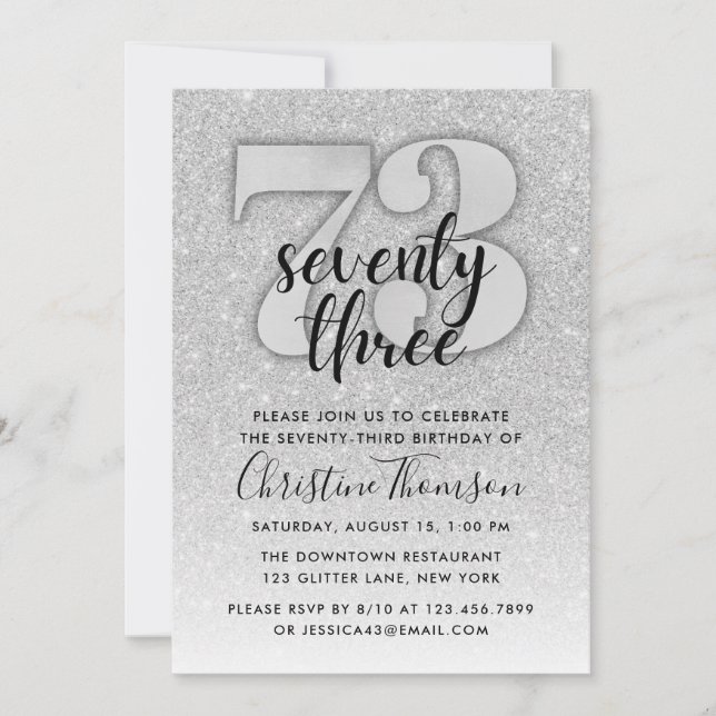 Silver Glitter 73rd Birthday Invitation (Front)