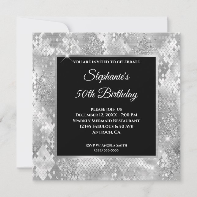 Silver Glitter Abstract Snake Glam Birthday Invitation (Front)
