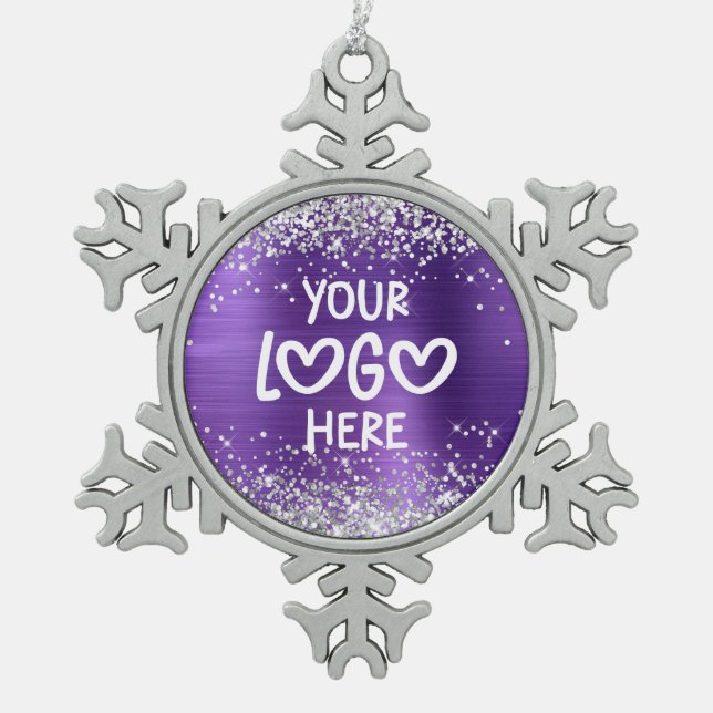 Silver Glitter Amethyst Faux Foil Business Logo Snowflake Pewter Christmas Ornament (Front)