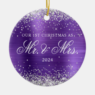 Silver Glitter Amethyst Foil 1st Christmas Photo Ceramic Ornament