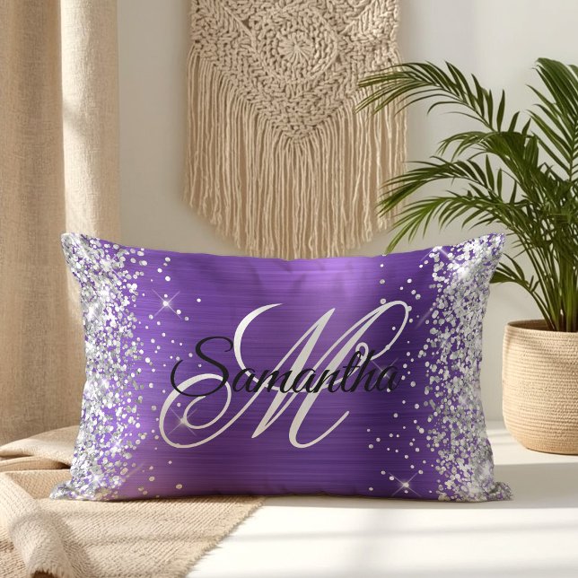 Silver Glitter Amethyst Foil Fancy Monogram Lumbar Cushion (Silver Glitter Amethyst Foil Fancy Monogram Lumbar Pillow)