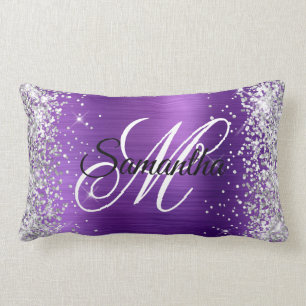 Silver Glitter Amethyst Foil Fancy Monogram Lumbar Cushion