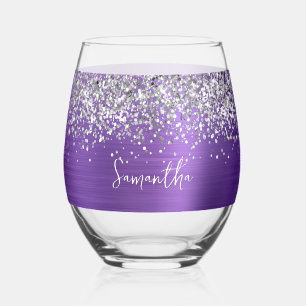 Silver Glitter Amethyst Glam Name Stemless Wine Glass