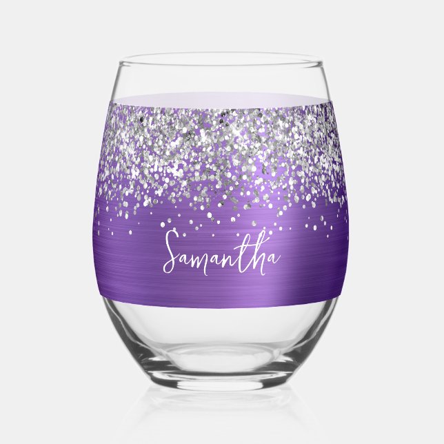 Silver Glitter Amethyst Glam Name Stemless Wine Glass (Front)